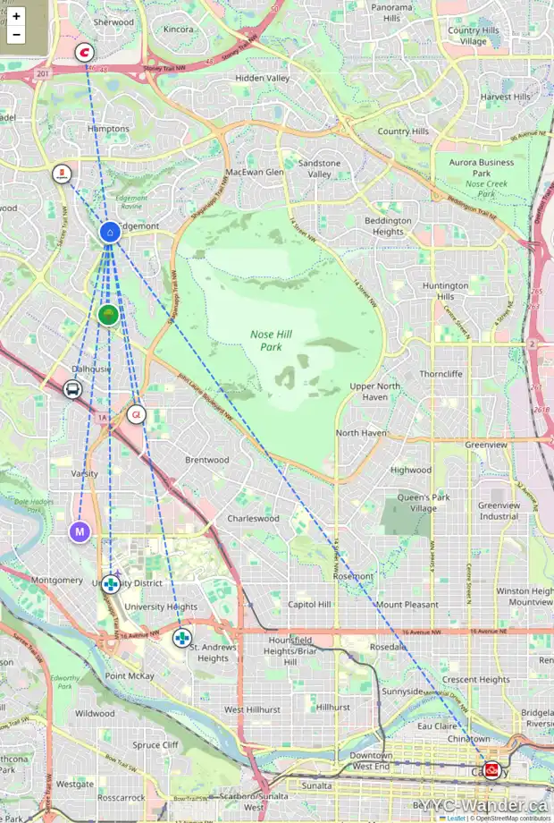 Daily accessibility map for 134 EDGEVIEW RD NW, Calgary showing nearby schools, grocery stores, parks, LRT stations and nearby amenities