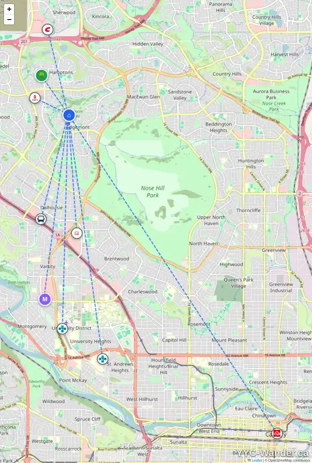 Daily accessibility map for 16 EDGEVALLEY WY NW, Calgary showing nearby schools, grocery stores, parks, LRT stations and nearby amenities