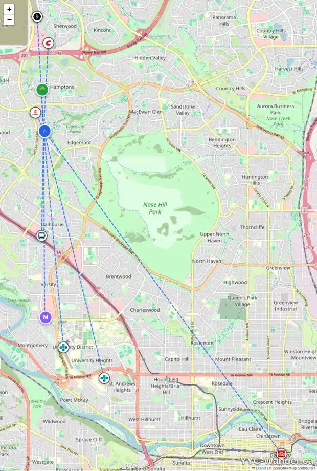 Daily accessibility map for 52 EDGEPARK CO NW, Calgary showing nearby schools, grocery stores, parks, LRT stations and nearby amenities