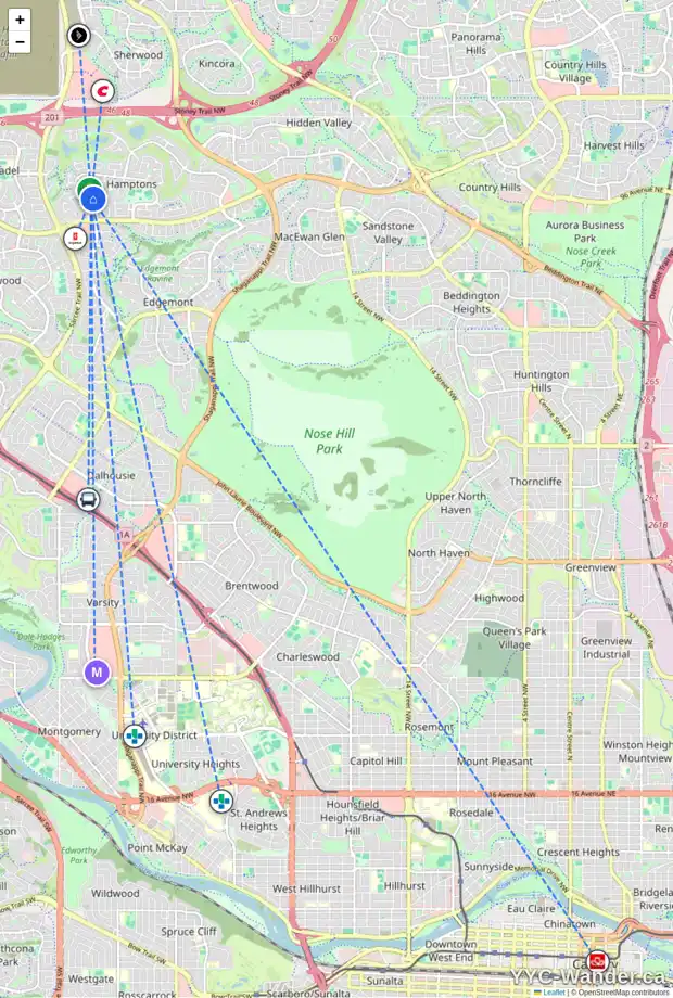 Daily accessibility map for 428 HAMPTONS ME NW, Calgary showing nearby schools, grocery stores, parks, LRT stations and nearby amenities