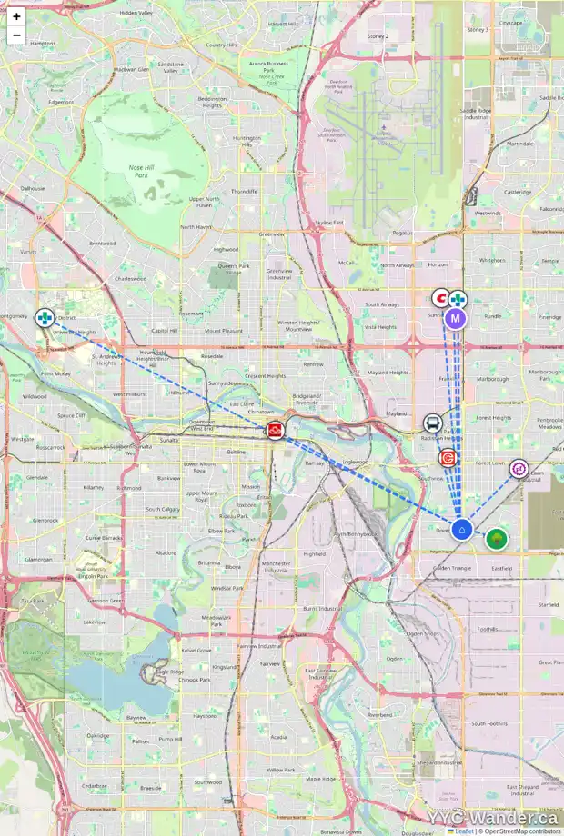 Daily accessibility map for 3628 DOVER RIDGE DR SE, Calgary showing nearby schools, grocery stores, parks, LRT stations and nearby amenities