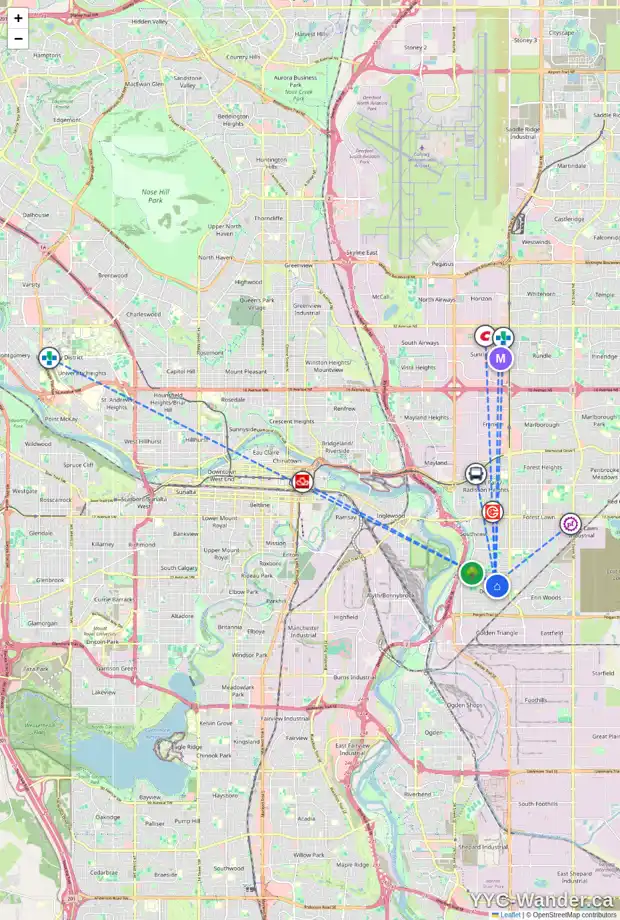 Daily accessibility map for 3432 35 AV SE, Calgary showing nearby schools, grocery stores, parks, LRT stations and nearby amenities