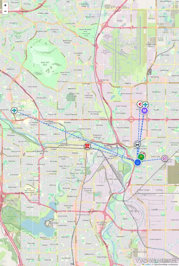 Daily accessibility map for 2210 26 ST SE, Calgary showing nearby schools, grocery stores, parks, LRT stations and nearby amenities
