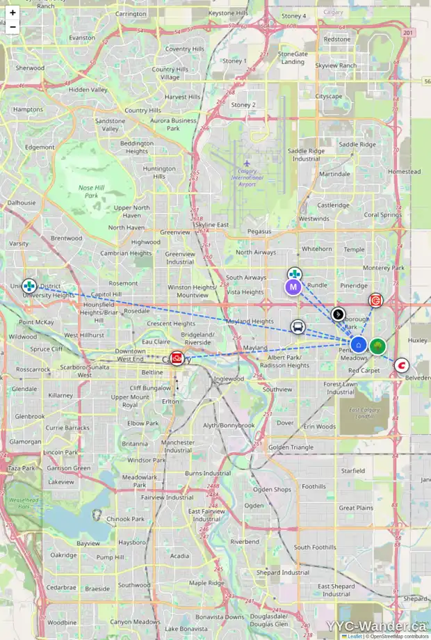 Daily accessibility map for 95 PENSVILLE RD SE, Calgary showing nearby schools, grocery stores, parks, LRT stations and nearby amenities