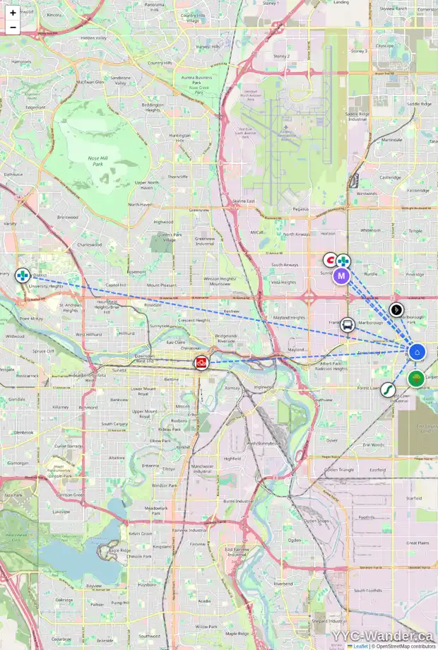 Daily accessibility map for 504 60 ST SE, Calgary showing nearby schools, grocery stores, parks, LRT stations and nearby amenities
