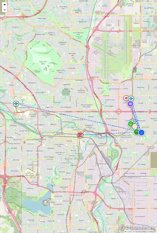 Daily accessibility map for 512 44 ST SE, Calgary showing nearby schools, grocery stores, parks, LRT stations and nearby amenities