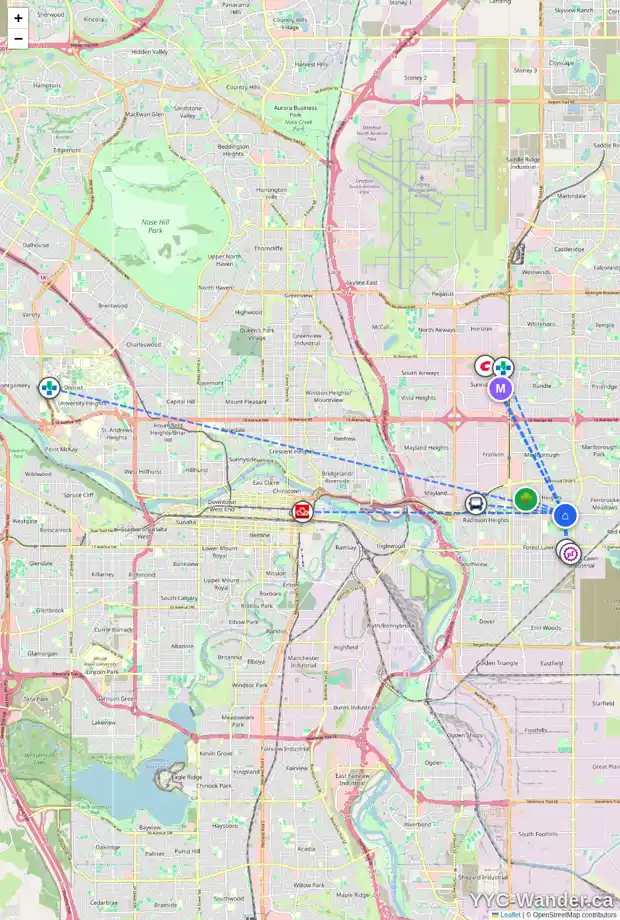 Daily accessibility map for 5016 8 AV SE, Calgary showing nearby schools, grocery stores, parks, LRT stations and nearby amenities