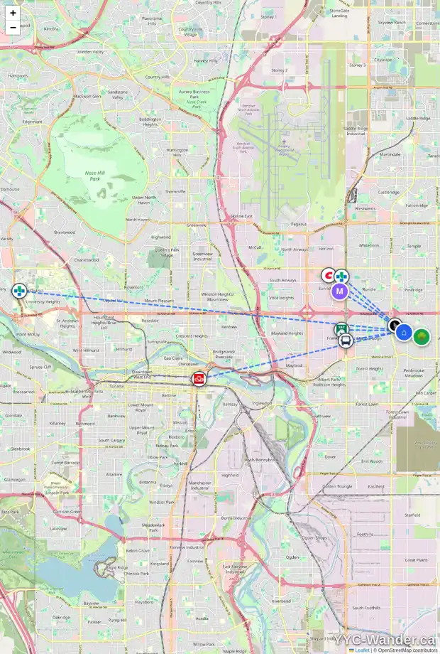 Daily accessibility map for 125 MADEIRA CR NE, Calgary showing nearby schools, grocery stores, parks, LRT stations and nearby amenities