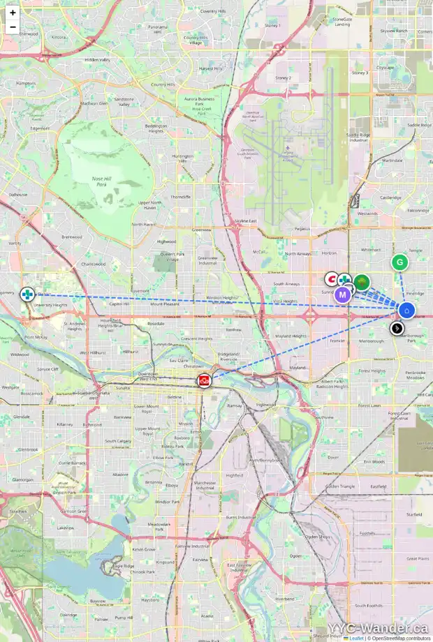 Daily accessibility map for 5708 18 AV NE, Calgary showing nearby schools, grocery stores, parks, LRT stations and nearby amenities