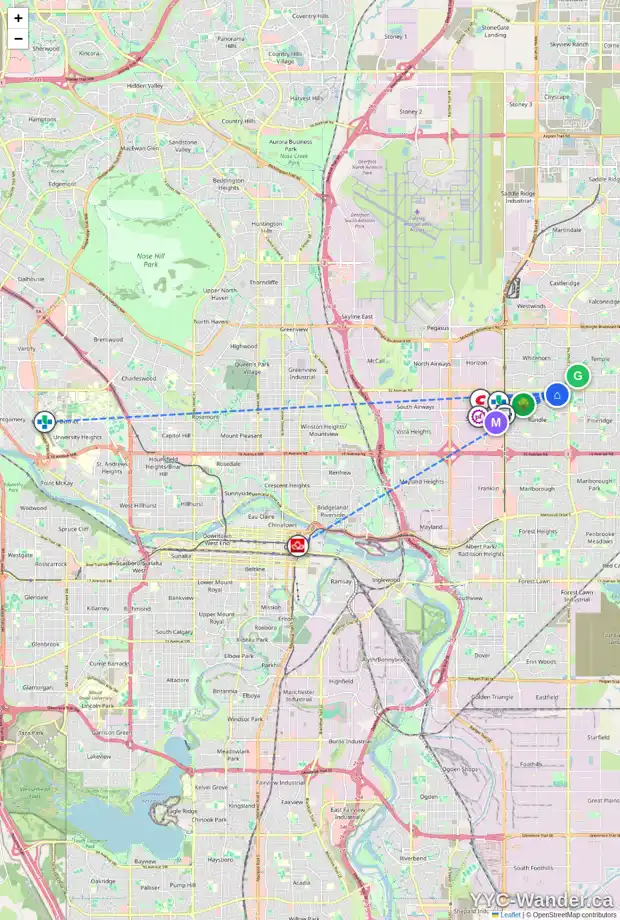 Daily accessibility map for 3212 48 ST NE, Calgary showing nearby schools, grocery stores, parks, LRT stations and nearby amenities