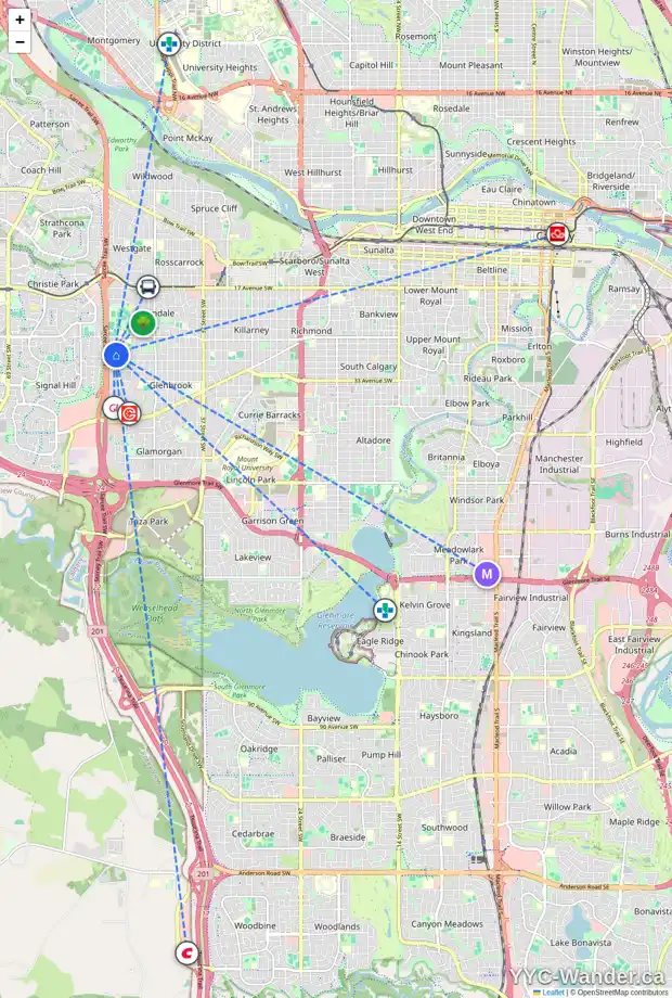 Daily accessibility map for 33 3015 51 ST SW, Calgary showing nearby schools, grocery stores, parks, LRT stations and nearby amenities