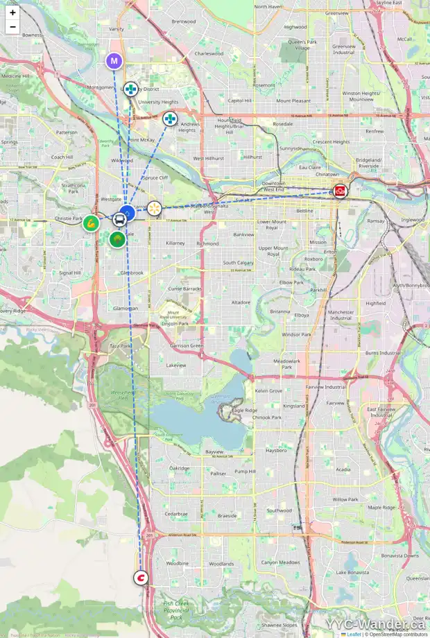 Daily accessibility map for 1439 44 ST SW, Calgary showing nearby schools, grocery stores, parks, LRT stations and nearby amenities