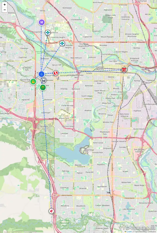 Daily accessibility map for 124 WINCHESTER CR SW, Calgary showing nearby schools, grocery stores, parks, LRT stations and nearby amenities