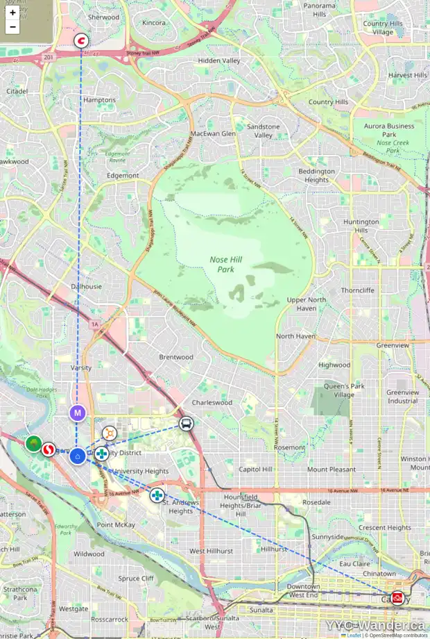 Daily accessibility map for 4635 21 AV NW, Calgary showing nearby schools, grocery stores, parks, LRT stations and nearby amenities