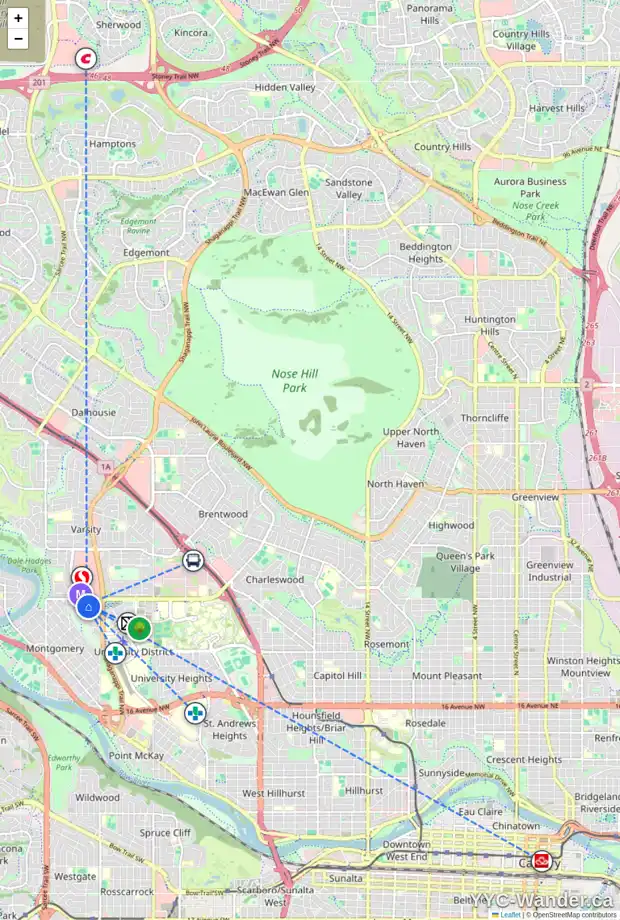Daily accessibility map for 4804 MONTANA DR NW, Calgary showing nearby schools, grocery stores, parks, LRT stations and nearby amenities