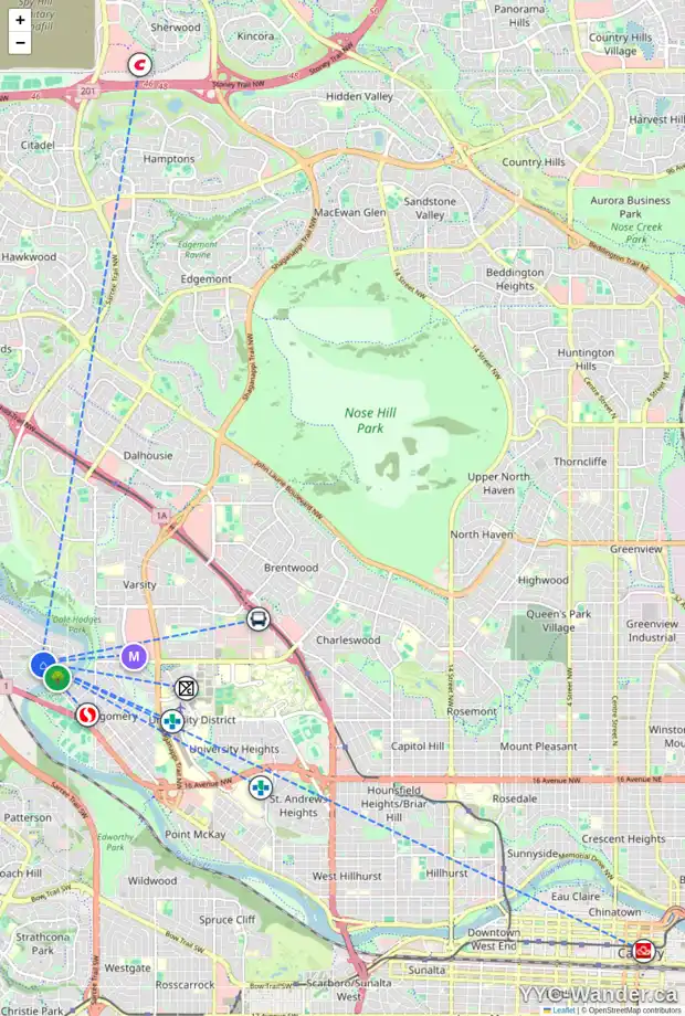 Daily accessibility map for 6139 32 AV NW, Calgary showing nearby schools, grocery stores, parks, LRT stations and nearby amenities