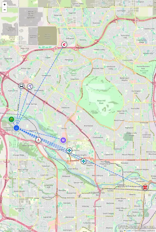 Daily accessibility map for 8640 33 AV NW, Calgary showing nearby schools, grocery stores, parks, LRT stations and nearby amenities