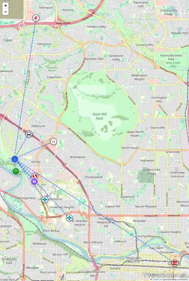 Daily accessibility map for 8 VARSITY PL NW, Calgary showing nearby schools, grocery stores, parks, LRT stations and nearby amenities