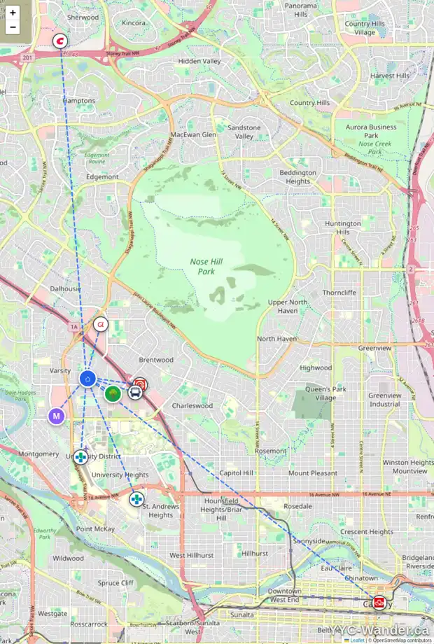Daily accessibility map for 4227 40 ST NW, Calgary showing nearby schools, grocery stores, parks, LRT stations and nearby amenities