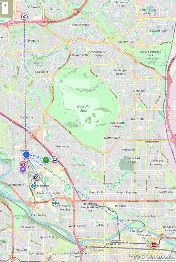 Daily accessibility map for 4219 VOYAGEUR DR NW, Calgary showing nearby schools, grocery stores, parks, LRT stations and nearby amenities