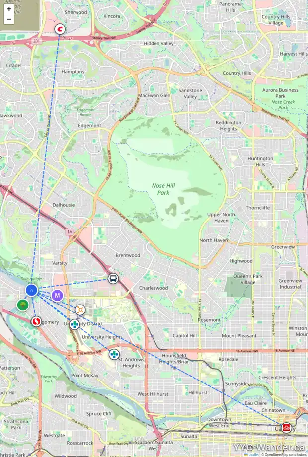 Daily accessibility map for 5954 BOW CR NW, Calgary showing nearby schools, grocery stores, parks, LRT stations and nearby amenities
