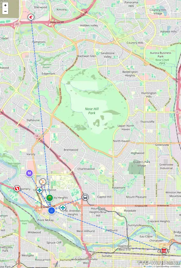 Daily accessibility map for 820 37 ST NW, Calgary showing nearby schools, grocery stores, parks, LRT stations and nearby amenities