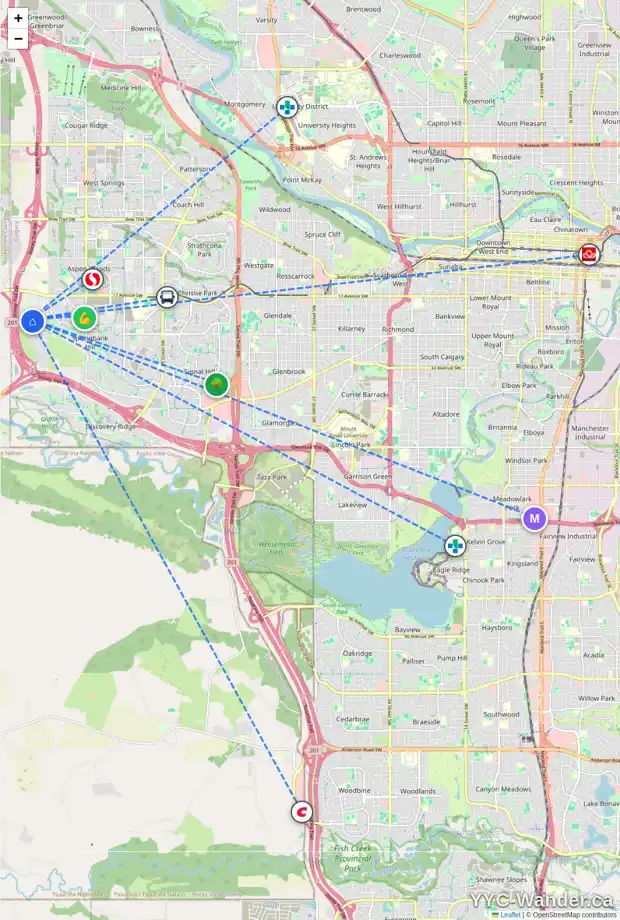 Daily accessibility map for 57 ANATAPI LN SW, Calgary showing nearby schools, grocery stores, parks, LRT stations and nearby amenities