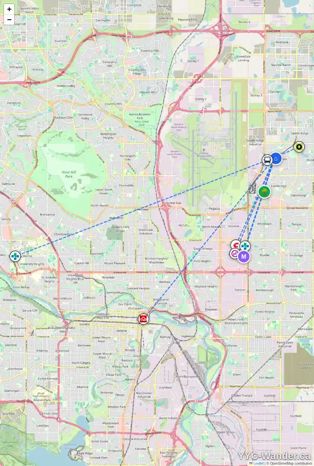 Daily accessibility map for 46 MARTIN CROSSING MR NE, Calgary showing nearby schools, grocery stores, parks, LRT stations and nearby amenities
