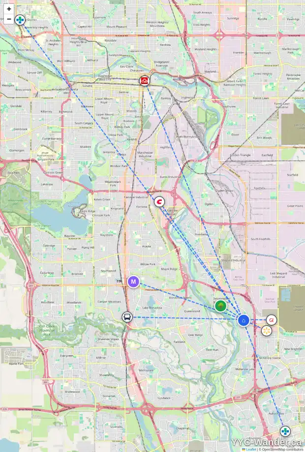 Daily accessibility map for 147 DOUGLASDALE PT SE, Calgary showing nearby schools, grocery stores, parks, LRT stations and nearby amenities