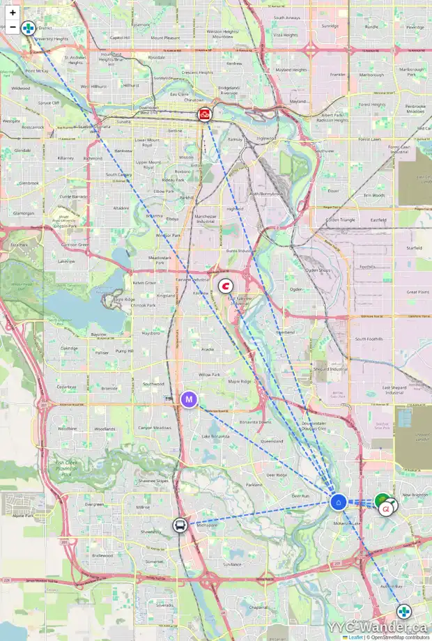 Daily accessibility map for 73 MT ALBERTA VW SE, Calgary showing nearby schools, grocery stores, parks, LRT stations and nearby amenities