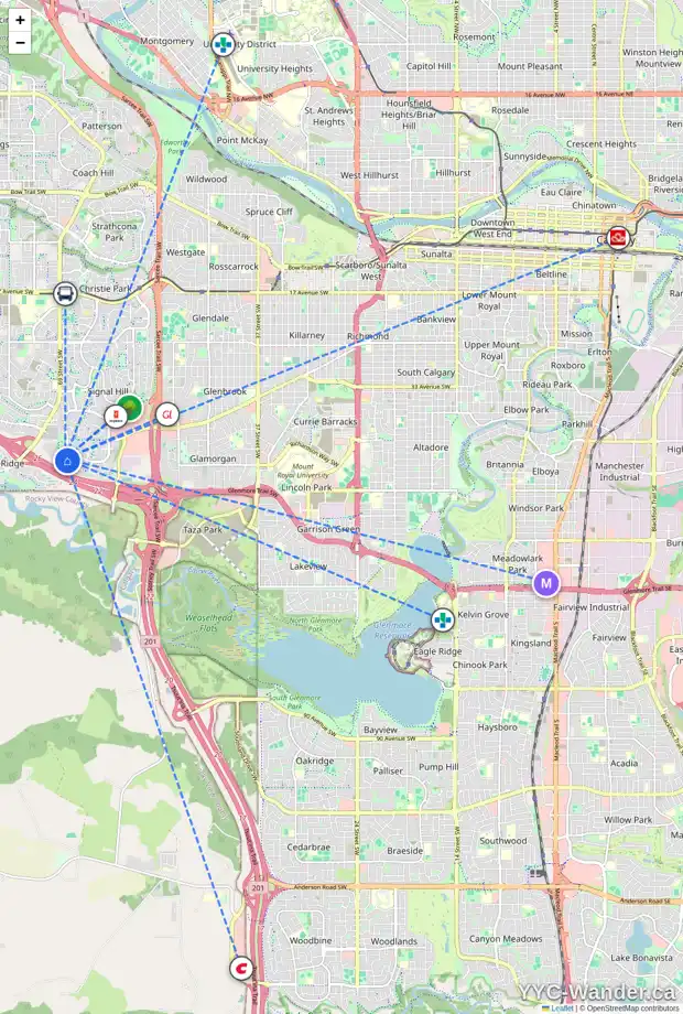 Daily accessibility map for 154 SIERRA NEVADA GR SW, Calgary showing nearby schools, grocery stores, parks, LRT stations and nearby amenities