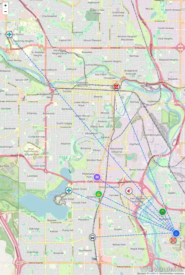 Daily accessibility map for 233 RIVER ROCK PL SE, Calgary showing nearby schools, grocery stores, parks, LRT stations and nearby amenities