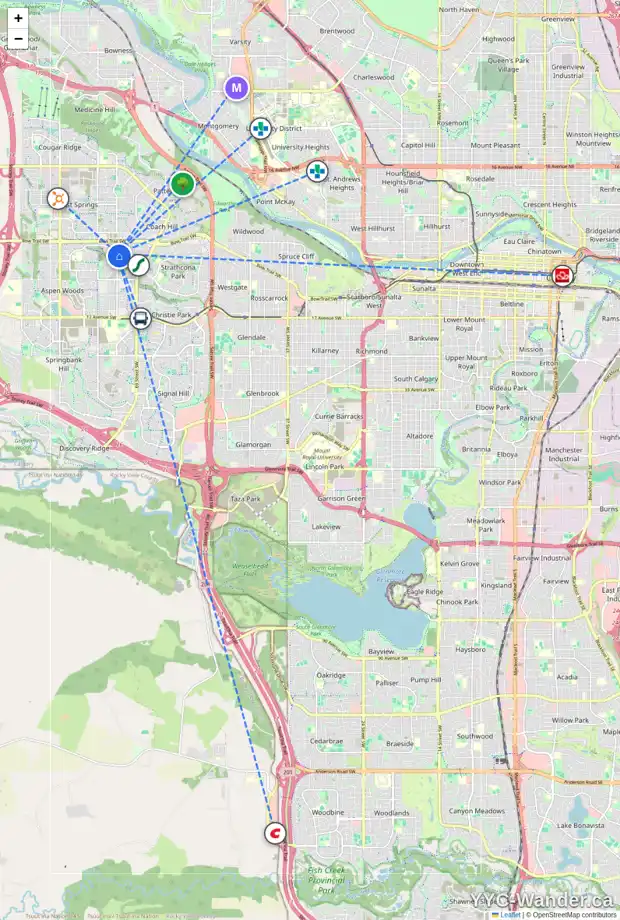 Daily accessibility map for 1322 STRATHCONA DR SW, Calgary showing nearby schools, grocery stores, parks, LRT stations and nearby amenities