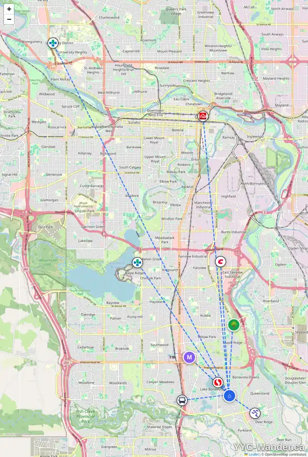 Daily accessibility map for 1128 LAKE TWINTREE DR SE, Calgary showing nearby schools, grocery stores, parks, LRT stations and nearby amenities