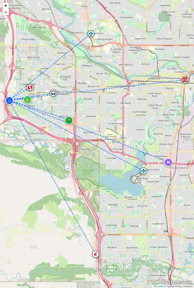 Daily accessibility map for 48 SLOPEVIEW DR SW, Calgary showing nearby schools, grocery stores, parks, LRT stations and nearby amenities