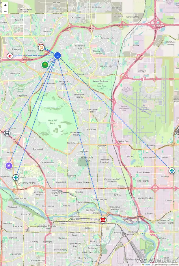 Daily accessibility map for 206 39 HIDDEN CREEK PL NW, Calgary showing nearby schools, grocery stores, parks, LRT stations and nearby amenities