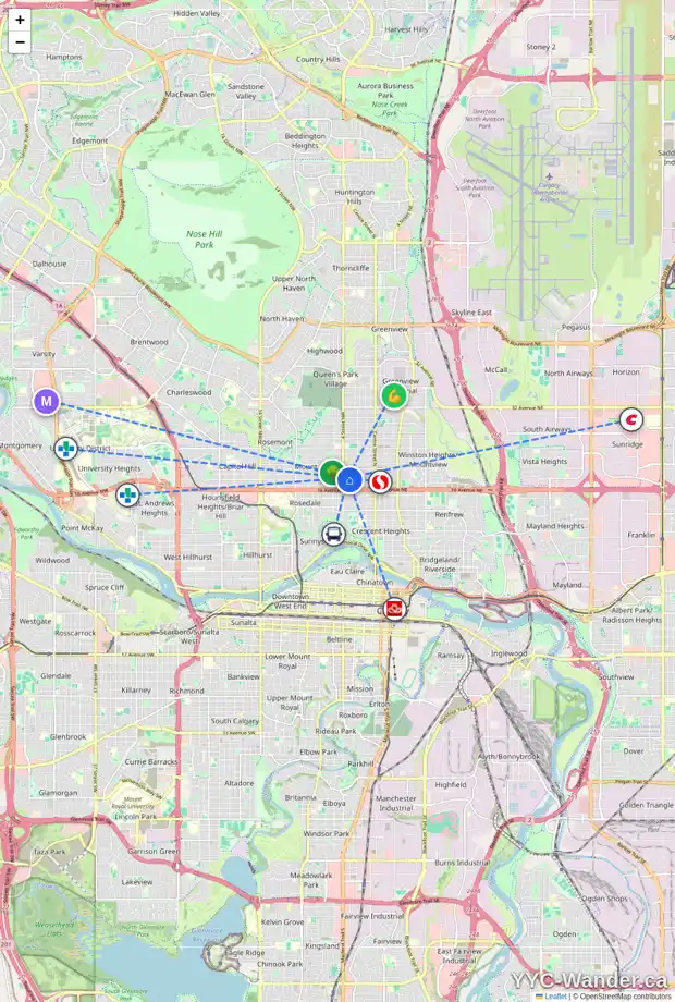 Daily accessibility map for 406A 18 AV NW, Calgary showing nearby schools, grocery stores, parks, LRT stations and nearby amenities