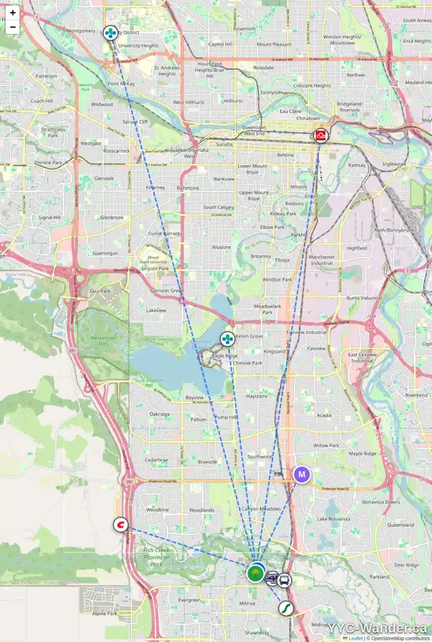 Daily accessibility map for 14307 SHAWNEE BA SW, Calgary showing nearby schools, grocery stores, parks, LRT stations and nearby amenities
