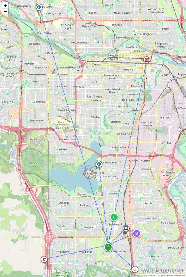 Daily accessibility map for 1312 116 AV SW, Calgary showing nearby schools, grocery stores, parks, LRT stations and nearby amenities
