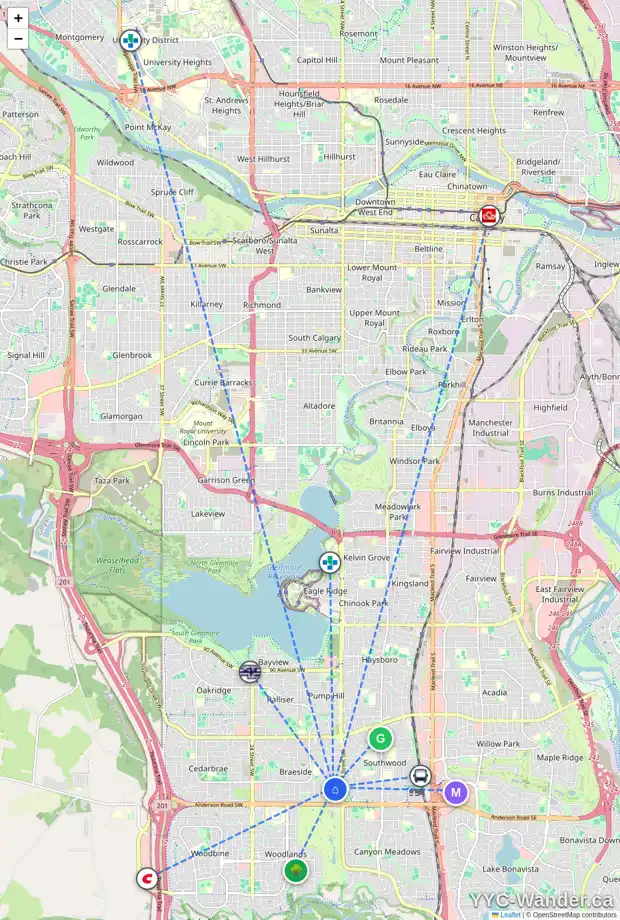 Daily accessibility map for 232 BRANIFF PL SW, Calgary showing nearby schools, grocery stores, parks, LRT stations and nearby amenities