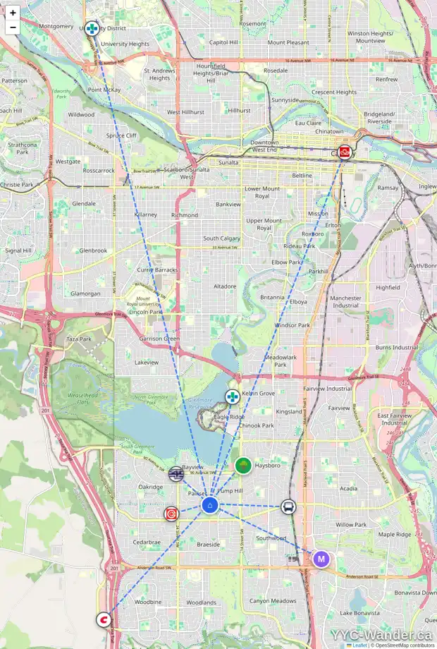Daily accessibility map for 2004 98 AV SW, Calgary showing nearby schools, grocery stores, parks, LRT stations and nearby amenities