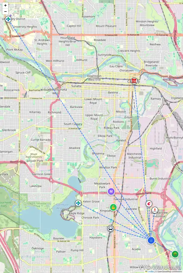 Daily accessibility map for 908 AVONLEA PL SE, Calgary showing nearby schools, grocery stores, parks, LRT stations and nearby amenities