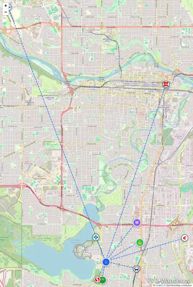 Daily accessibility map for 1411 COLLEEN AV SW, Calgary showing nearby schools, grocery stores, parks, LRT stations and nearby amenities