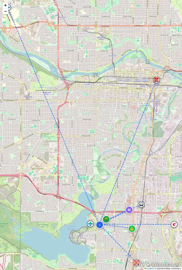 Daily accessibility map for 7303 KANANASKIS DR SW, Calgary showing nearby schools, grocery stores, parks, LRT stations and nearby amenities