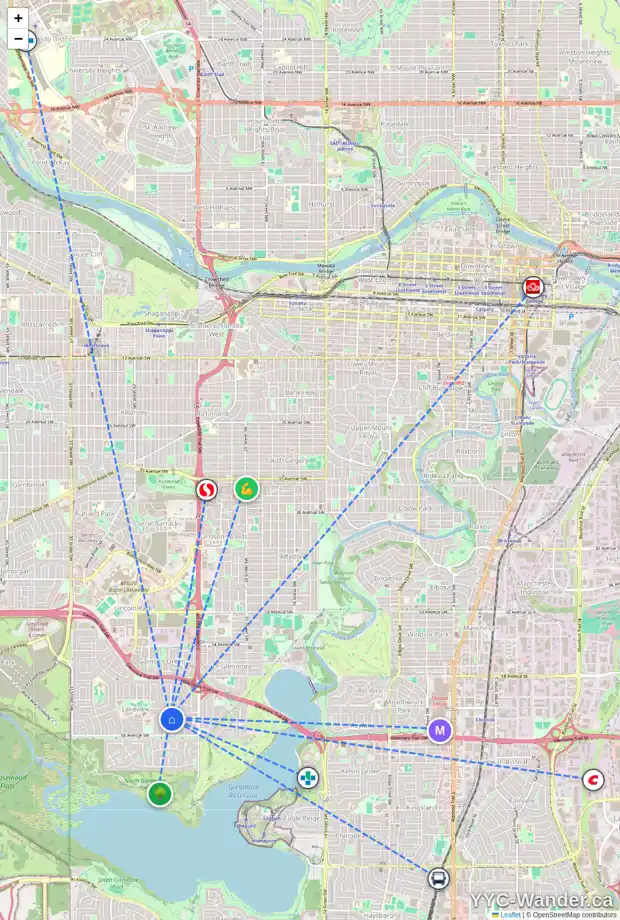 Daily accessibility map for 2739 LIONEL CR SW, Calgary showing nearby schools, grocery stores, parks, LRT stations and nearby amenities