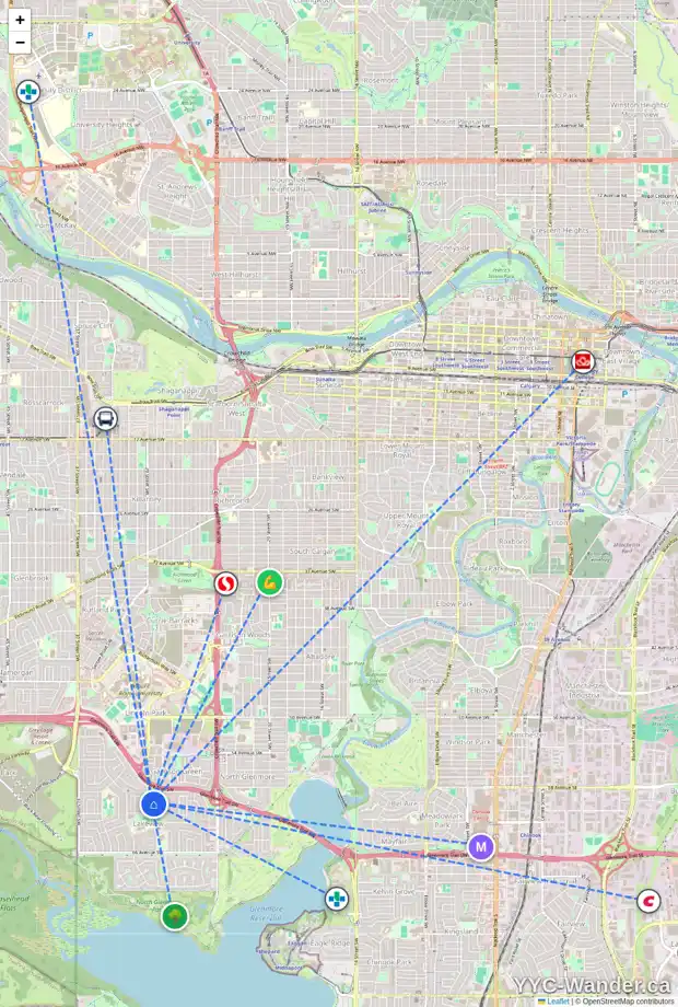 Daily accessibility map for 3145 LEDUC CR SW, Calgary showing nearby schools, grocery stores, parks, LRT stations and nearby amenities