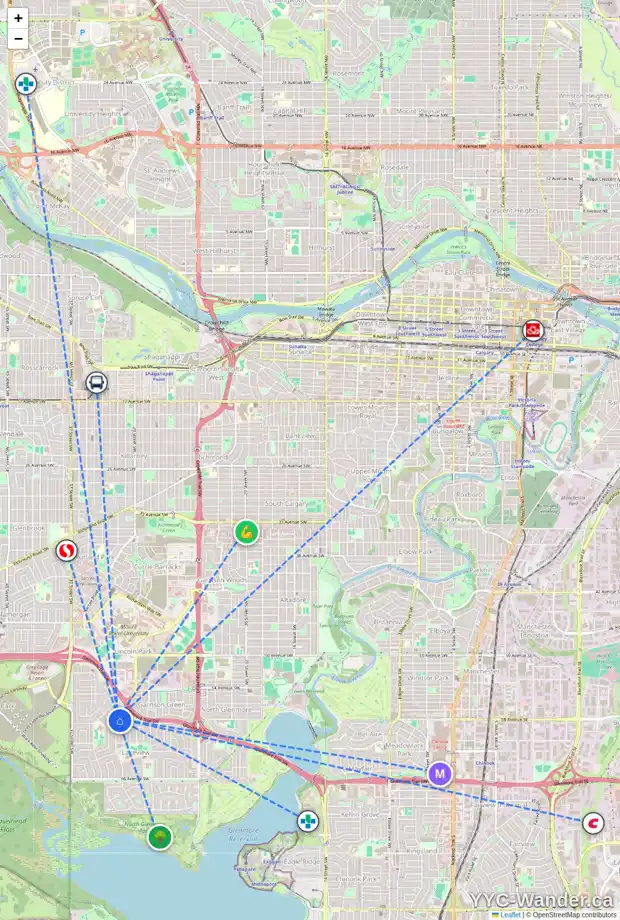 Daily accessibility map for 6011 LOCKINVAR RD SW, Calgary showing nearby schools, grocery stores, parks, LRT stations and nearby amenities