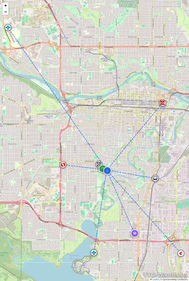 Daily accessibility map for 3828 12 ST SW, Calgary showing nearby schools, grocery stores, parks, LRT stations and nearby amenities