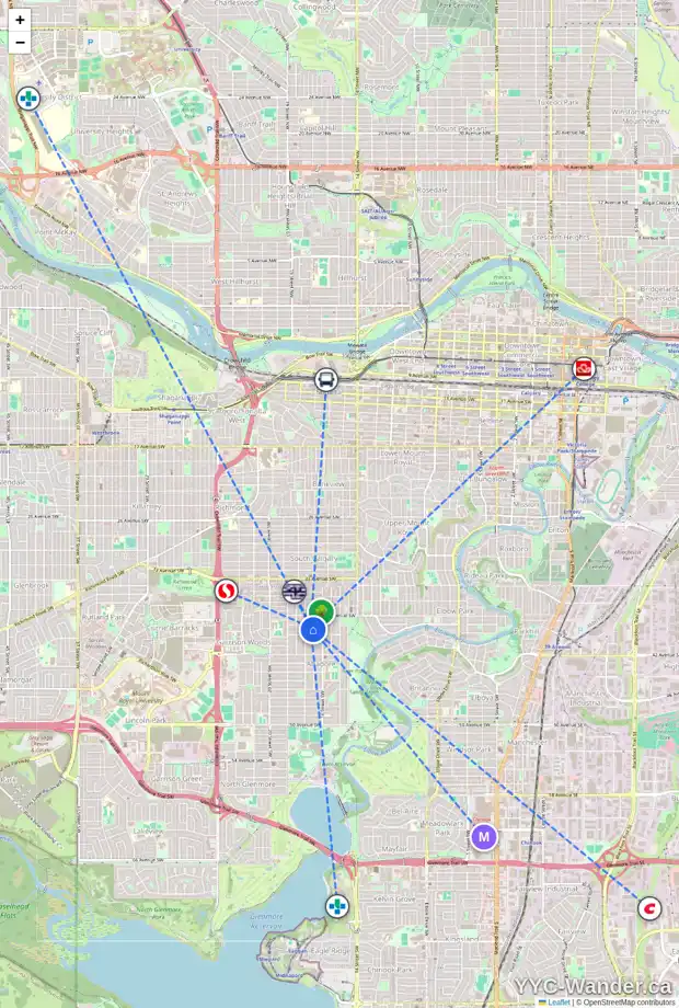 Daily accessibility map for 4007 16A ST SW, Calgary showing nearby schools, grocery stores, parks, LRT stations and nearby amenities