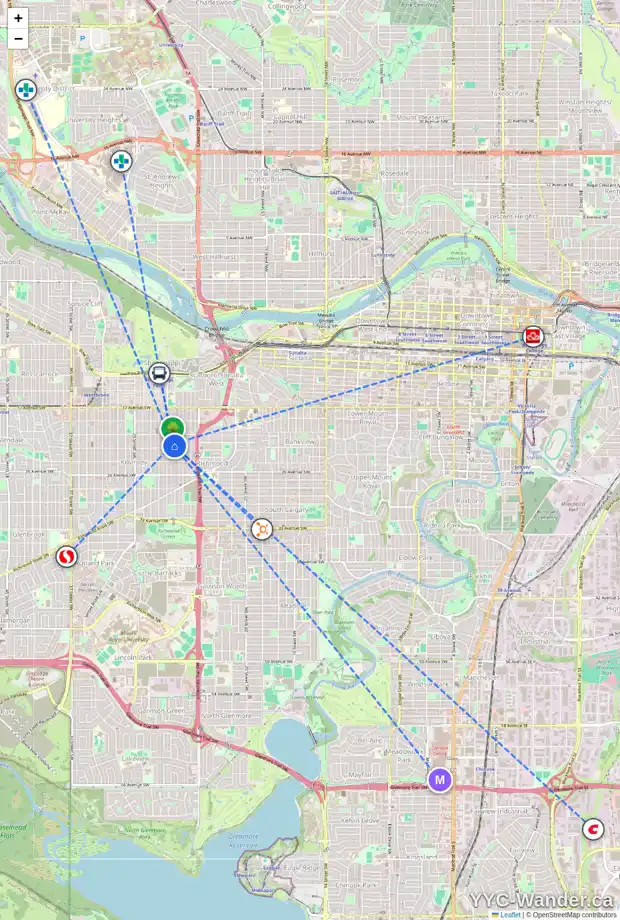 Daily accessibility map for 2231 25A ST SW, Calgary showing nearby schools, grocery stores, parks, LRT stations and nearby amenities